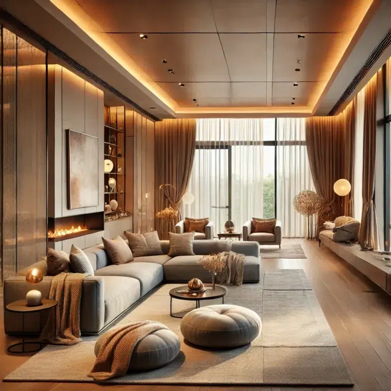 DALL·E 2025 01 15 12.25.31 A modern indoor living space with a warm and cozy atmosphere. The design features sleek furniture in neutral tones, such as a gray sectional sofa with