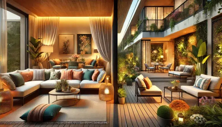 DALL·E 2025 01 16 12.53.32 A harmonious image combining an elegant indoor living room and an inviting outdoor seating area. The living room features a cozy sofa with plush cushi