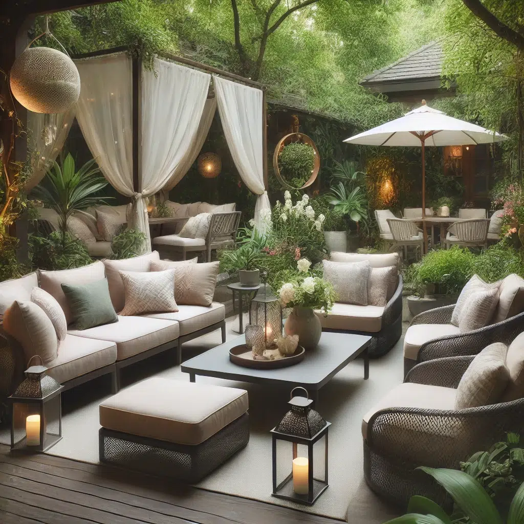DALL·E 2025 01 16 12.54.54 An inviting outdoor seating area set in a serene garden or patio. The space features comfortable outdoor furniture such as sofas and armchairs with so