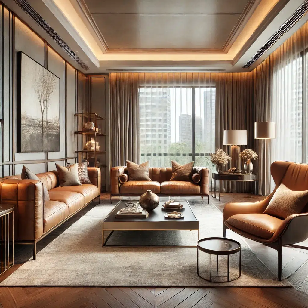 DALL·E 2025 01 16 13.35.38 A stylish and luxurious living room with leather upholstered furniture, including a modern leather sofa and armchairs, complemented by a chic coffee t