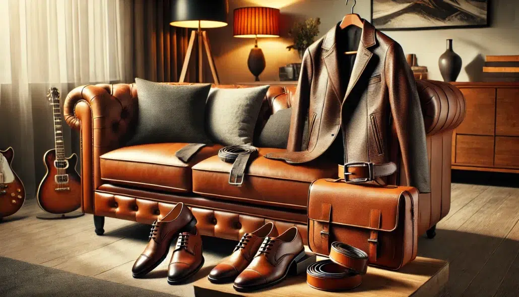 DALL·E 2025 01 16 13.44.34 A stylish scene featuring a luxurious leather sofa with various leather items placed on it, including a pair of polished leather shoes, a leather belt